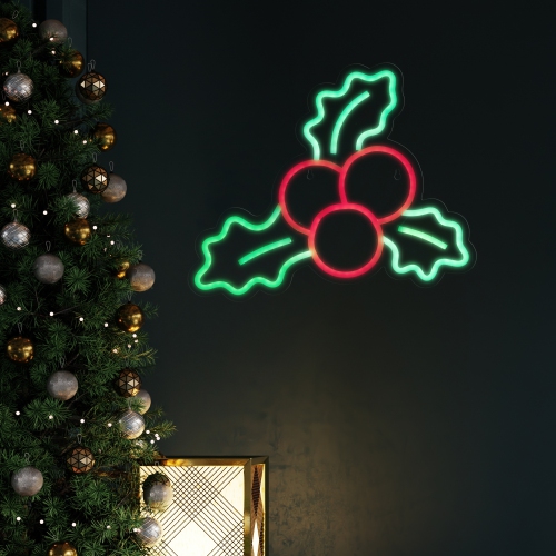 LED Holly Berries Neon Lighted Christmas Wall or Window Decoration - 12"