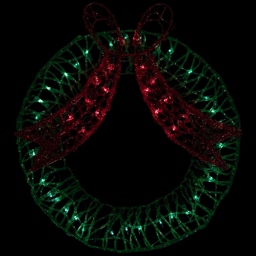 20" Green and Red Lighted Wreath and Bow Christmas Window Silhouette Decoration