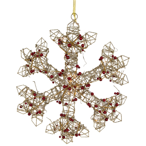 19" Lighted Silver Glittered Berry Rattan Snowflake Christmas Window Decoration