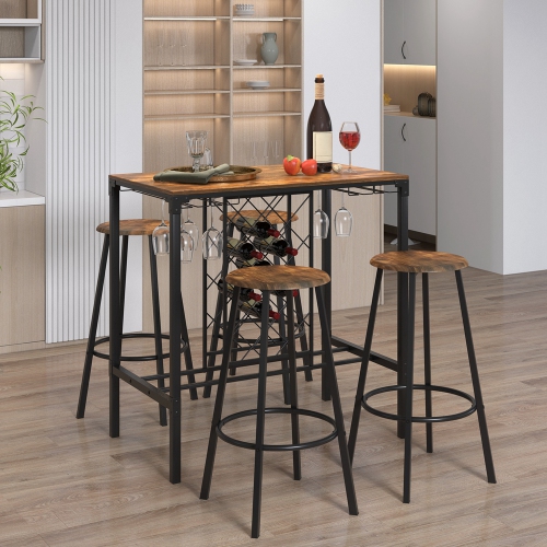 Costway 5PCS Bar Table & Stools Set Industrial Bistro Set with Wine Rack & Glass Holder