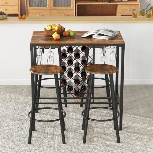 Costway 5PCS Bar Table & Stools Set Industrial Bistro Set with Wine Rack & Glass Holder