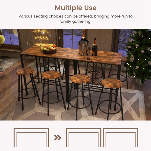 Costway 5PCS Bar Table & Stools Set Industrial Bistro Set with Wine Rack & Glass Holder