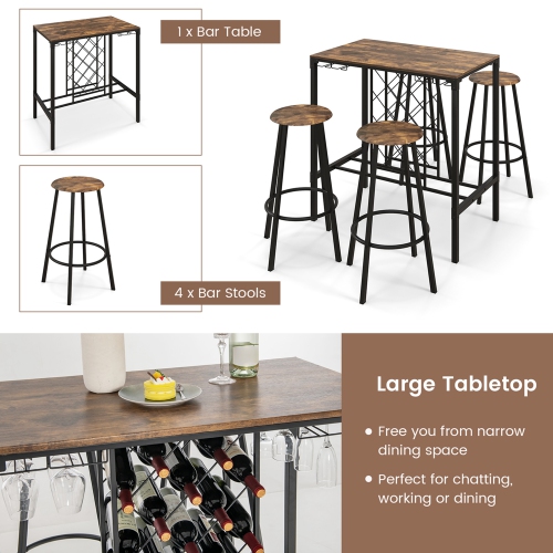 Costway 5PCS Bar Table & Stools Set Industrial Bistro Set with Wine Rack & Glass Holder