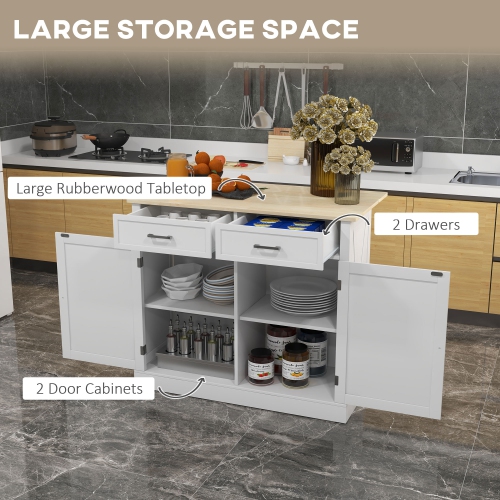 HOMCOM – îlot de cuisine roulant avec bar à déjeuner en bois à abattant, chariot de cuisine champêtre avec 2 tiroirs, tablettes réglables pour salle