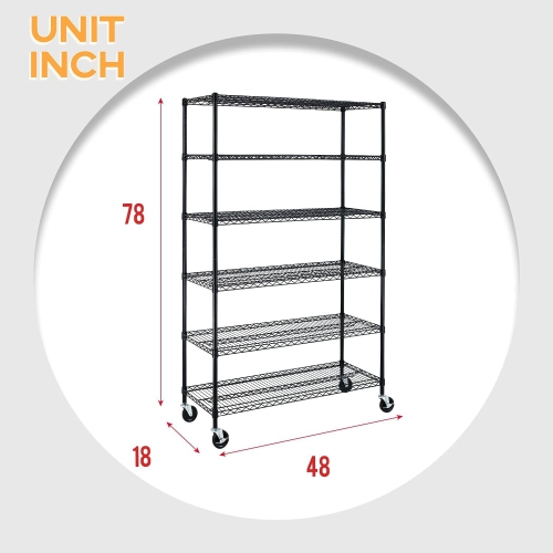 FDW 48 inch L 18 inch W 76 inch H Wire Shelving Unit Metal Shelf with 6 Tier Casters Adjustable Layer Rack Strong Steel for Restaurant Garage Pantry