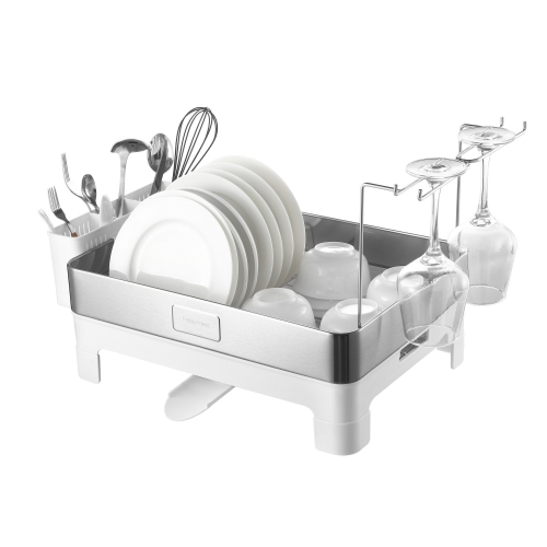 Concerto Fingerprint-Proof Stainless Steel Dish Drying Rack with Swivel Spout Tray and Wine Glass Holder