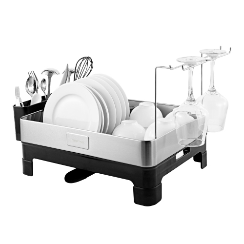 HAPPIMESS  Concerto Fingerprint-Proof Stainless Steel Dish Drying Rack With Swivel Spout Tray And Wine Glass Holder