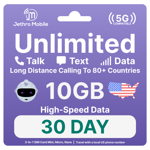 Carte SIM de voyage de Jethro Mobile USA [1 mois] - 10GB Go de données  haute vitesse, appels et textos illimités aux États-Unis et appels au  Canada