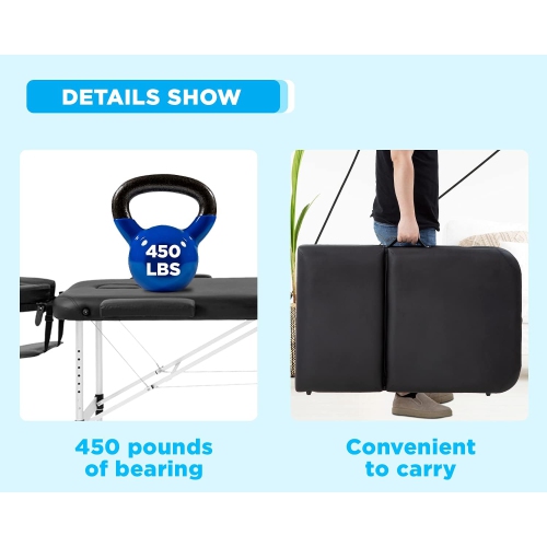 Massage Table Portable Massage Bed 3 Folding 73 Inch Height Adjustable Aluminium Salon Bed Carry Case Tattoo Table Facial Bed Hold Up to 450LBS