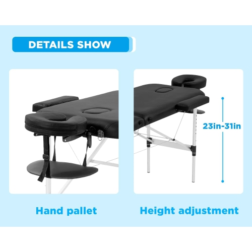 Massage Table Portable Massage Bed 3 Folding 73 Inch Height Adjustable Aluminium Salon Bed Carry Case Tattoo Table Facial Bed Hold Up to 450LBS