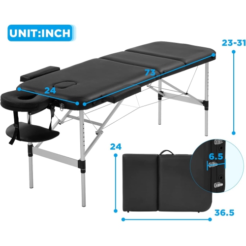 Massage Table Portable Massage Bed 3 Folding 73 Inch Height Adjustable Aluminium Salon Bed Carry Case Tattoo Table Facial Bed Hold Up to 450LBS