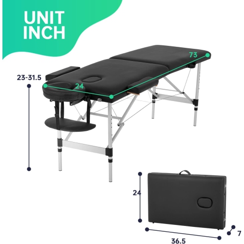 Massage Table Massage Bed Spa Bed 73 Inch Aluminium Massage Table W/Face Cradle Carry Case Height Adjustable 2 Fold Portable Facial Salon Tattoo Bed