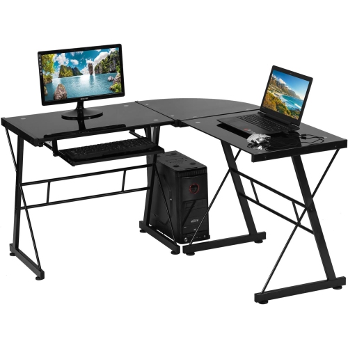 BESTOFFICE  L Shaped Computer Desk, Gaming Desk Home Office Corner Desk Toughened Glass Writing Study PC Modern Executive Table \w Keyboard Cpu Stand