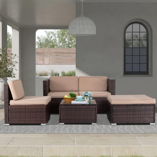 5 Pieces Outdoor Patio Furniture Sets Sectional Sofa Rattan Chair Wicker Conversation Set Outdoor Backyard Porch Poolside Balcony Garden Furniture