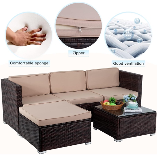 5 Pieces Outdoor Patio Furniture Sets Sectional Sofa Rattan Chair Wicker Conversation Set Outdoor Backyard Porch Poolside Balcony Garden Furniture