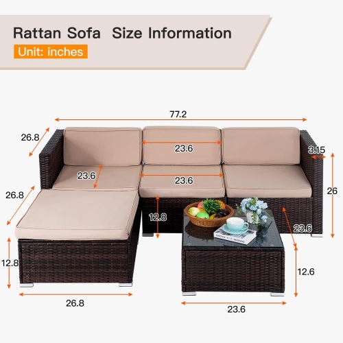 5 Pieces Outdoor Patio Furniture Sets Sectional Sofa Rattan Chair Wicker Conversation Set Outdoor Backyard Porch Poolside Balcony Garden Furniture