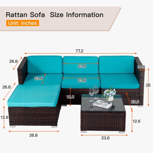 5 Pieces Outdoor Patio Furniture Sets Sectional Sofa Rattan Chair Wicker Conversation Set Outdoor Backyard Porch Poolside Balcony Garden Furniture