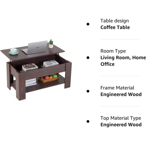 Lift Top Coffee Table with Hidden Compartment and Storage Shelf Wooden Lift Tabletop for Home Living Room Reception Room Office