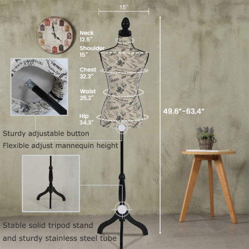 Manikin 60”-67”Height Adjustable Female Dress Model Display Torso Body Tripod Stand Clothing Forms, Black