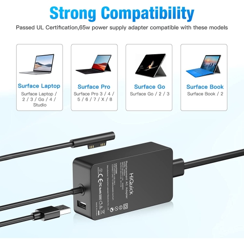 65W Surface Pro Charger with USB Charging Port 15V 4A Laptop Power Supply Adapters, Compatible with Microsoft