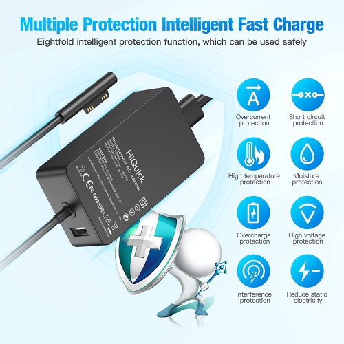 65W Surface Pro Charger with USB Charging Port 15V 4A Laptop Power Supply Adapters, Compatible with Microsoft
