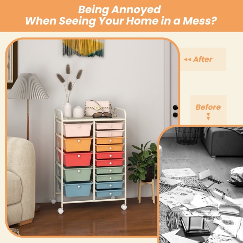 Costway 15 Drawer Rolling Storage Cart Tools Scrapbook Paper Office School Organizer