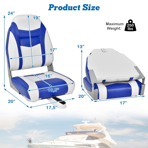 Topbuy High Back Boat Seat, Folding Fishing Seat w/ Soft Padded Cushion &Flexible Hinges Fold-down Captain Boat Seat Blue