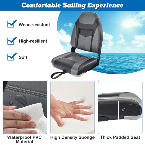 Topbuy High Back Boat Seat, Folding Fishing Seat w/ Soft Padded Cushion &Flexible Hinges Fold-down Captain Boat Seat Black