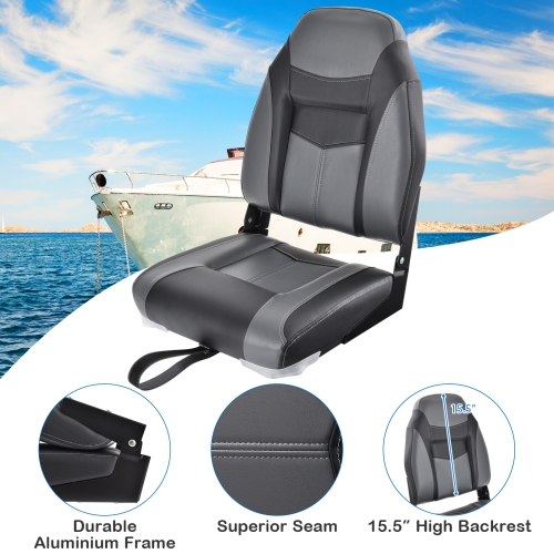 Topbuy High Back Boat Seat, Folding Fishing Seat w/ Soft Padded Cushion &Flexible Hinges Fold-down Captain Boat Seat Black