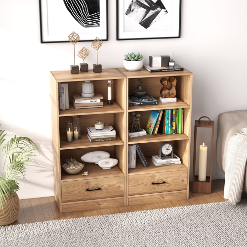 Topbuy 4-Tier Bookcase w/Storage Drawer Modern Storage Shelf w/3-Tier Open Shelf Freestanding Display Shelf Grey/Natural/White