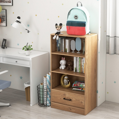 Topbuy 4-Tier Bookcase w/Storage Drawer Modern Storage Shelf w/3-Tier Open Shelf Freestanding Display Shelf Grey/Natural/White