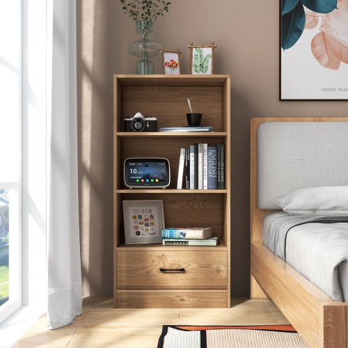 Topbuy 4-Tier Bookcase w/Storage Drawer Modern Storage Shelf w/3-Tier Open Shelf Freestanding Display Shelf Grey/Natural/White