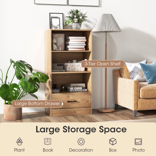 Topbuy 4-Tier Bookcase w/Storage Drawer Modern Storage Shelf w/3-Tier Open Shelf Freestanding Display Shelf Grey/Natural/White