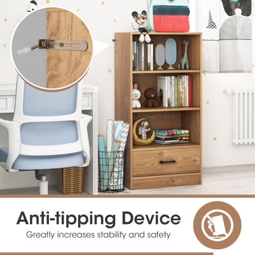 Topbuy 4-Tier Bookcase w/Storage Drawer Modern Storage Shelf w/3-Tier Open Shelf Freestanding Display Shelf Grey/Natural/White