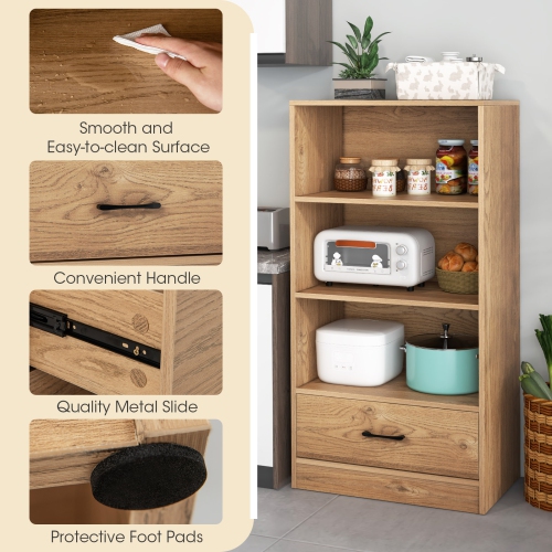 Topbuy 4-Tier Bookcase w/Storage Drawer Modern Storage Shelf w/3-Tier Open Shelf Freestanding Display Shelf Grey/Natural/White