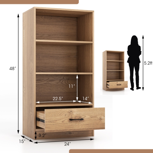 Topbuy 4-Tier Bookcase w/Storage Drawer Modern Storage Shelf w/3-Tier Open Shelf Freestanding Display Shelf Grey/Natural/White