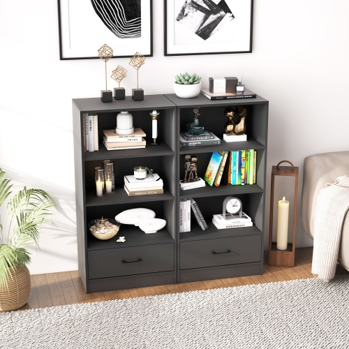 Topbuy 4-Tier Bookcase w/Storage Drawer Modern Storage Shelf w/3-Tier Open Shelf Freestanding Display Shelf Grey/Natural/White