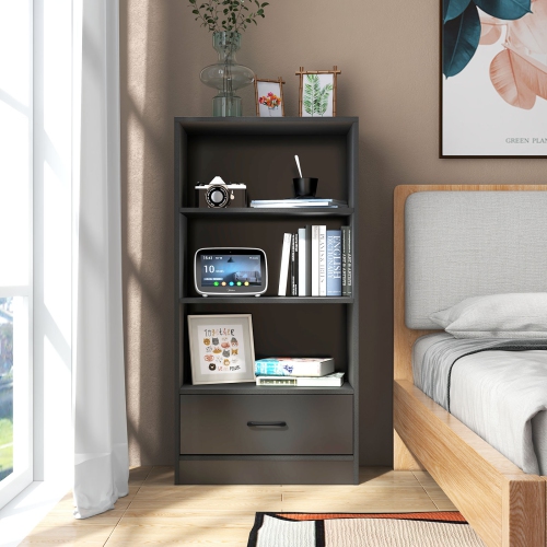 Topbuy 4-Tier Bookcase w/Storage Drawer Modern Storage Shelf w/3-Tier Open Shelf Freestanding Display Shelf Grey/Natural/White