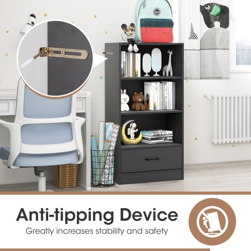 Topbuy 4-Tier Bookcase w/Storage Drawer Modern Storage Shelf w/3-Tier Open Shelf Freestanding Display Shelf Grey/Natural/White