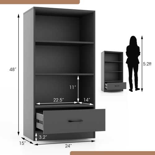 Topbuy 4-Tier Bookcase w/Storage Drawer Modern Storage Shelf w/3-Tier Open Shelf Freestanding Display Shelf Grey/Natural/White
