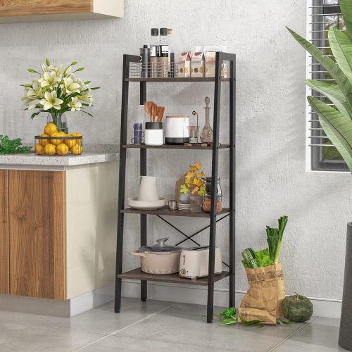 Topbuy 4-Tier Ladder Bookshelf Industrial Wooden Bookcase with Metal Frame Anti-Toppling Device Rack Rustic Brown/Gray Oak