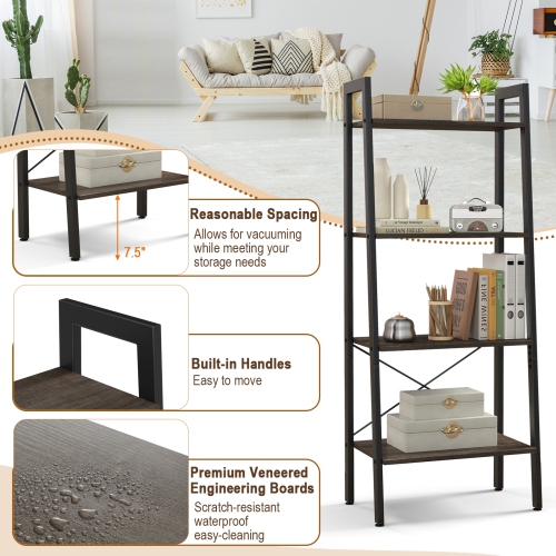 Topbuy 4-Tier Ladder Bookshelf Industrial Wooden Bookcase with Metal Frame Anti-Toppling Device Rack Rustic Brown/Gray Oak