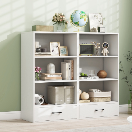 Topbuy 4-Tier Bookcase w/Storage Drawer Modern Storage Shelf w/3-Tier Open Shelf Freestanding Display Shelf Grey/Natural/White