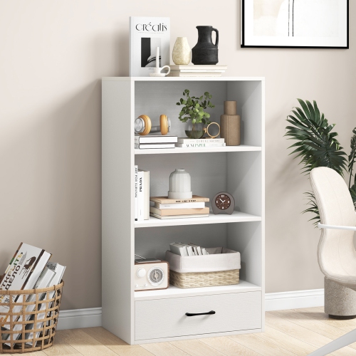Topbuy 4-Tier Bookcase w/Storage Drawer Modern Storage Shelf w/3-Tier Open Shelf Freestanding Display Shelf Grey/Natural/White