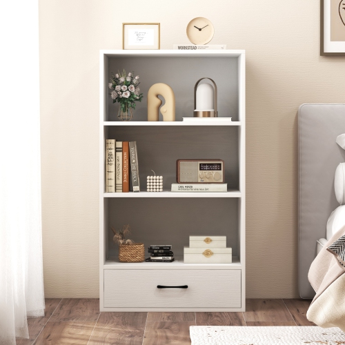 Topbuy 4-Tier Bookcase w/Storage Drawer Modern Storage Shelf w/3-Tier Open Shelf Freestanding Display Shelf Grey/Natural/White