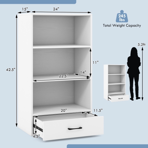 Topbuy 4-Tier Bookcase w/Storage Drawer Modern Storage Shelf w/3-Tier Open Shelf Freestanding Display Shelf Grey/Natural/White