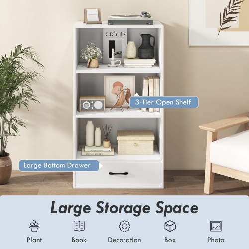 Topbuy 4-Tier Bookcase w/Storage Drawer Modern Storage Shelf w/3-Tier Open Shelf Freestanding Display Shelf Grey/Natural/White