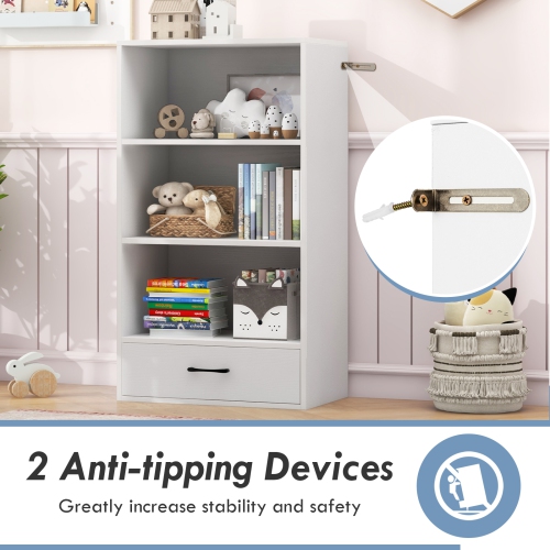 Topbuy 4-Tier Bookcase w/Storage Drawer Modern Storage Shelf w/3-Tier Open Shelf Freestanding Display Shelf Grey/Natural/White