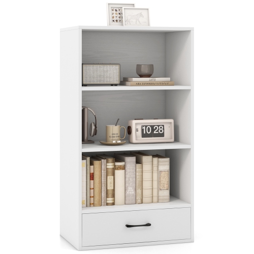 Topbuy 4-Tier Bookcase w/Storage Drawer Modern Storage Shelf w/3-Tier Open Shelf Freestanding Display Shelf Grey/Natural/White