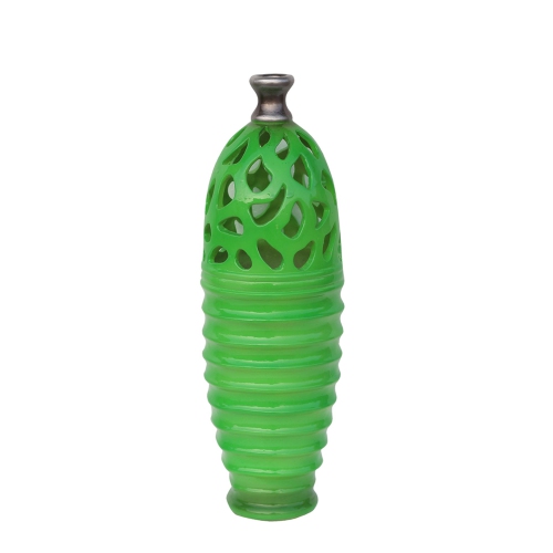 15" Lime Green and Gray Shiny Contemporary Outdoor Patio Cutout Bottom Vase